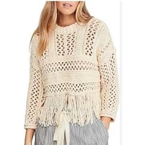 Free People Higher Love Boxy Cropped Crochet Cable Knit Fringe Sweater Medium